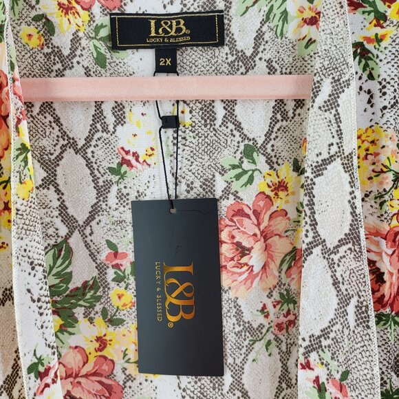 Lucky & Blessed Snake Print Floral Kimono Cardigan 2X NWT - Picture 2 of 6